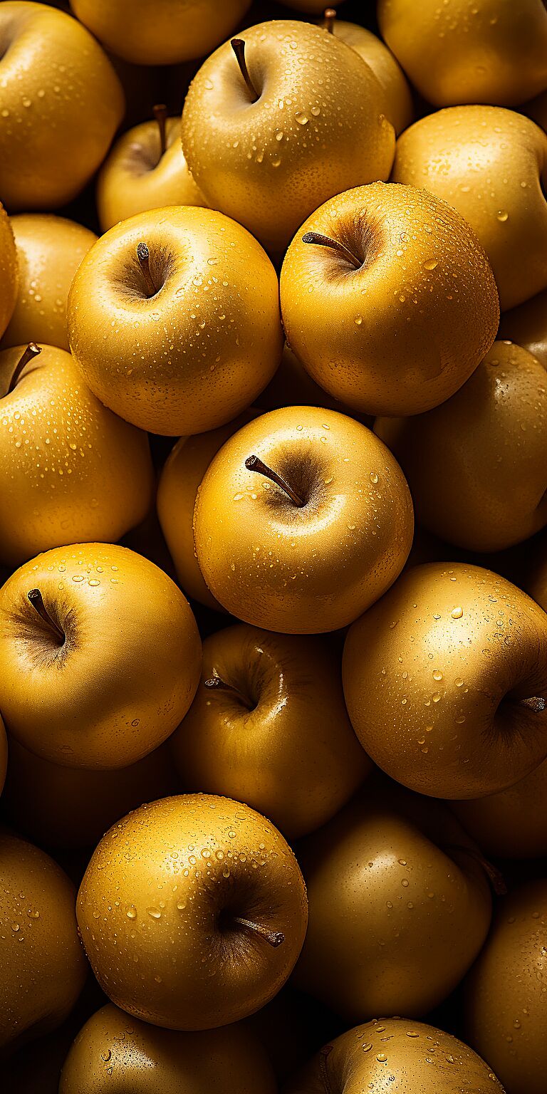 Professional photography of Pattern of golden apples ::1 Leaves, water, drops ::-0.5 --ar 1:2 --s 750 --v 5.2