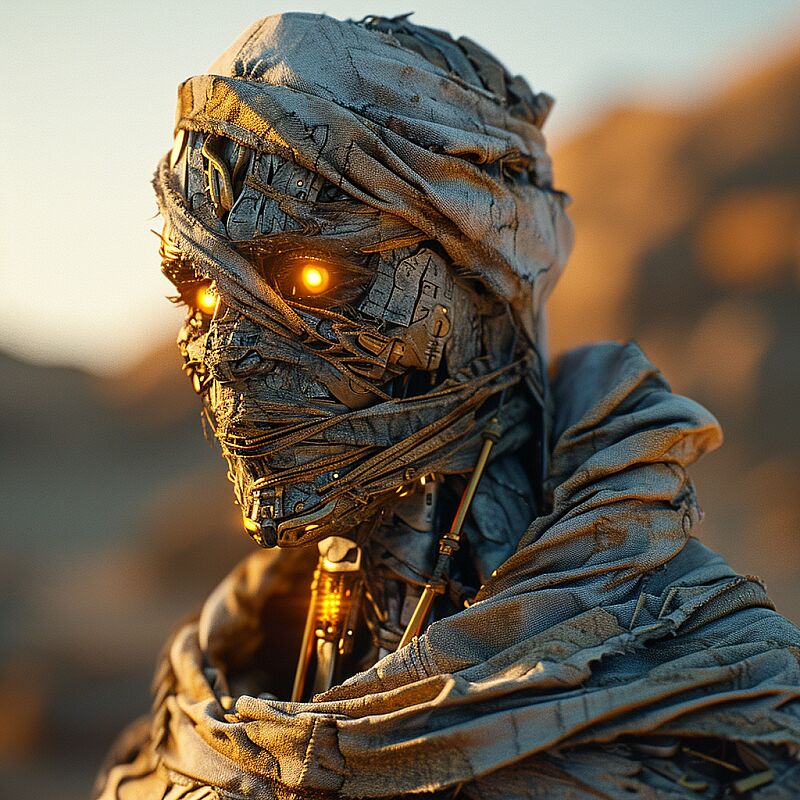 Cyborg mummy, intricate robotic details, glowing yellow eyes, menacing look, wrapped up in bandages, golden headdress, desert background, Unreal Engine 4, 3D, cinematic lighting. --v 6.0 --style raw