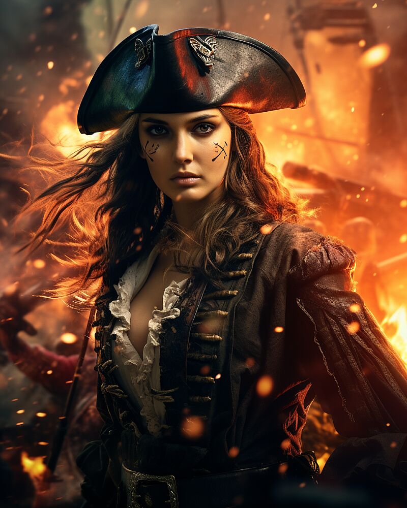 GLAMOUR PIRATE FILM POSTER, IN THE STYLE OF EPIC MOVEMENT, DYNAMIC COMPOSITION, CINEMATIC COLOR GRADING, STUNNING, PHOTOREALISTIC, CHAOTIC ACTION, INTENSE EMOTION. SHOT WITH A CANON EOS-1D X MARK III --ar 4:5 --v 5.2 --style raw