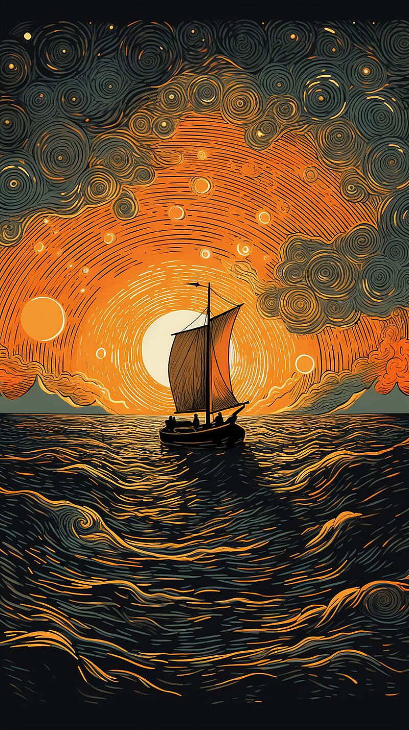 &lt;https://s.mj.run/IvAcWhre-aY&gt;, Dot shaped style, sunset, orange yellow sun, clouds, five rotating circles of clouds in a large sky, dot shaped waves, and orange yellow sunset clouds reflected on the waves,one boat is going out to sea, in the style of detailed dreamscapes, light black and orange, painted illustrations, dreamscape portraiture, skillful lighting, precisionist art, whimsical cartoonishness --ar 9:16 --s 750 --v 5