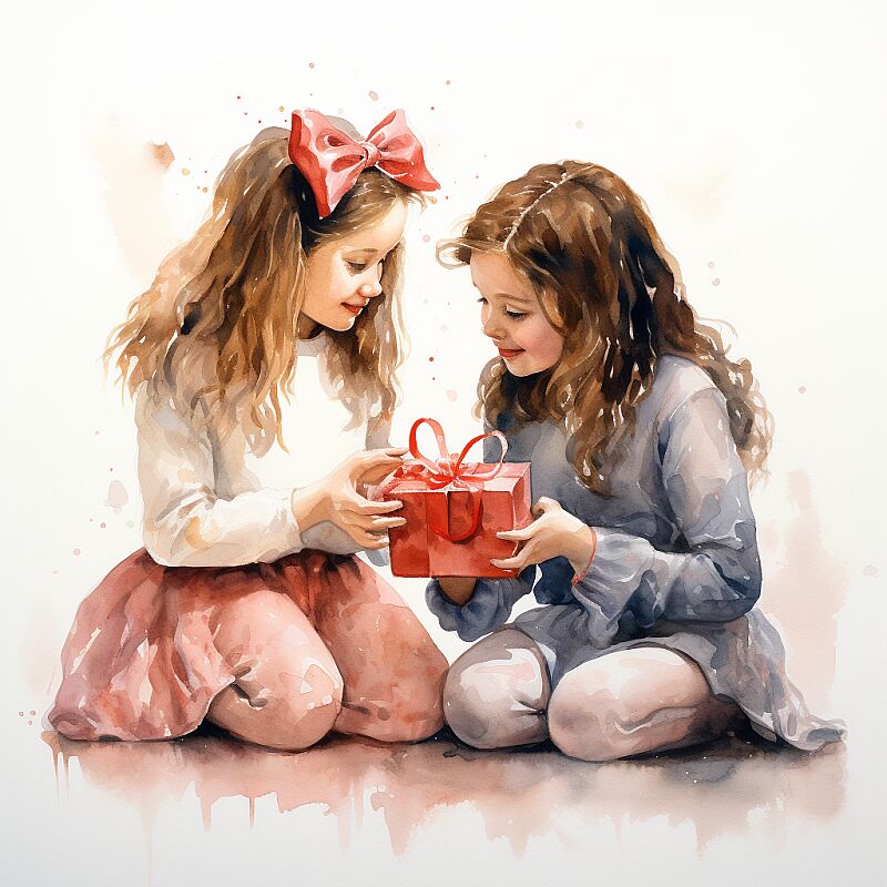 Two [young girls] exchanging handmade Valentine's gifts, watercolor, playful and heartfelt, celebrating friendship, isolated on a white background --s 250 --v 5.2 --style raw