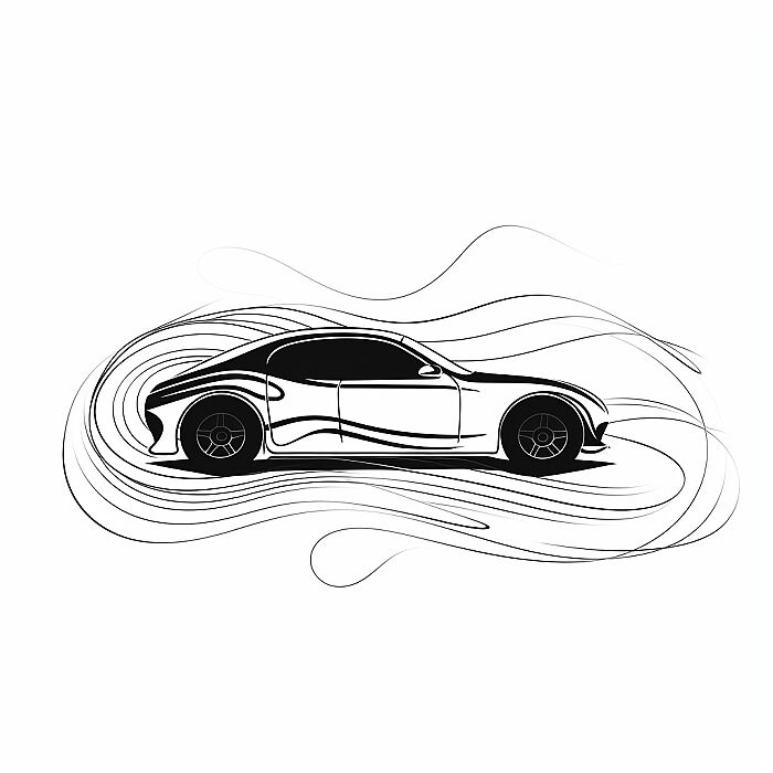 Continuous Line vectorial drawing of car ,minimalist line art, undulating lines, white background, black line --v 5.2