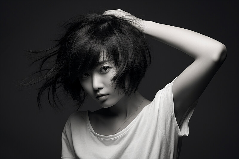 a black and white photo of a young woman with her hands on, Short Messy Bob Hair, in the style of gutai group, mashup of styles, gongbi, studio photography, logo, youthful, composed --ar 3:2 --s 10 --v 5.2 --style raw