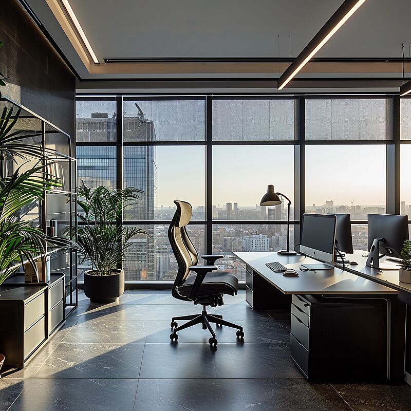 Spacious office with frontal view, Herman Miller Aeron chairs, Artemide Tolomeo desk lamps, captured with a Canon EOS R5, 50mm f/1.2 lens, balanced natural and LED lighting --v 6.0 --style raw