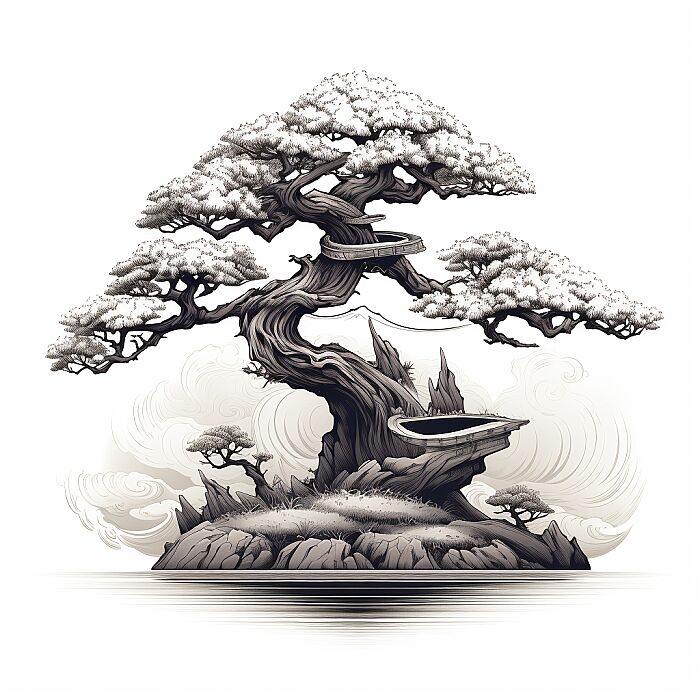 Create a low detailed monochrome illustration of [bonsai tree], featuring a detailed line-drawing style with realistic elements. The subject should be prominent in the composition with a background that complements its form. Use clean lines and cross-hatching to add texture and depth, capturing the essence of the subject in a striking and recognizable manner. --v 5.2 --style raw --s 150