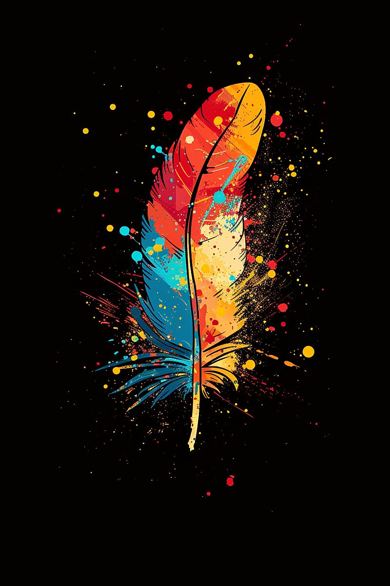 Native American Feather flying around, colorful splatter, artistic, t-shirt design, flat design, illustration, black background --ar 2:3 --v 6.0 --style raw