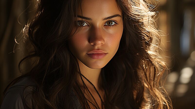 photo, indian woman with long black hair and brown eyes, sun, background, portrait, shadow play, Shot on Afga Vista 400, natural skin, --ar 16:9 --style raw --s 750