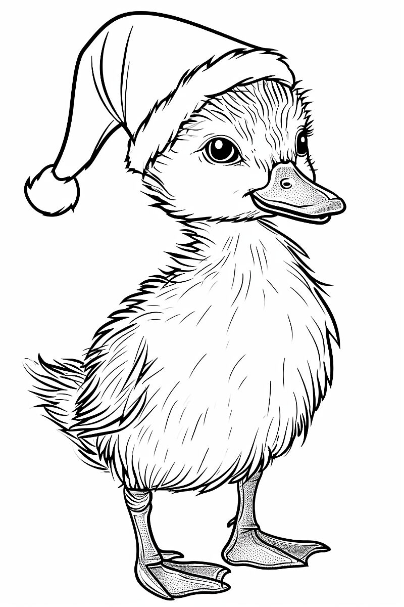 A Cute Christmas duckling, fullbody, Wearing Santa hat, in the style of a children's book illustration, Beatrix Potter, clipart, black and white children's coloring page, black and white line work, on a white background, strong outline --no shading, dither, fill, solids, gradient --ar 2:3 --v 6.0 --style raw