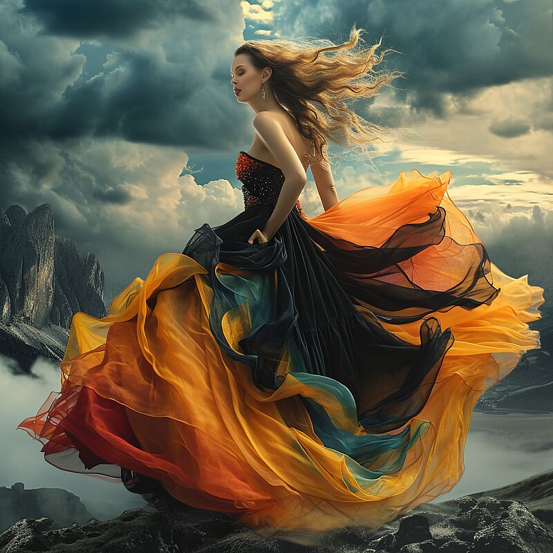 An elegant woman in a surreal fashion setting, wearing a glamorous dress that blends vivid colors of black, a little bit orange, yellow and red. Her hair is blowing in the wind, adding to the dramatic effect. The scenery around her is epic and grand, captured in ultra-high definition (16K UHD) to emphasize intricate details, resembling a masterpiece of professional photography. The composition boasts perfect anatomy, shot from a dynamic angle to enhance the visual impact. Dramatic lighting accentuates the scene, framed in a cowboy shot to capture the full essence of the subject and her attire. --v 6.0 --style raw