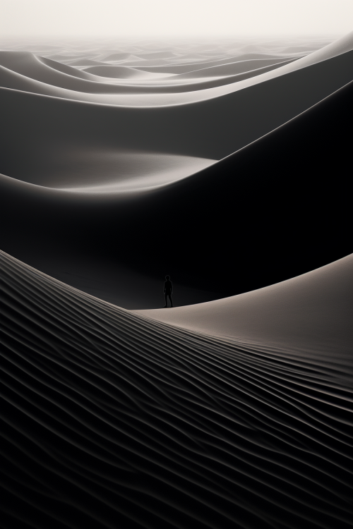 man takes an art photo of the dunes by faraz ibn, in the style of monochrome abstraction, futuristic digital art, 8k resolution, dreamscape portraiture, sinuous lines, rendered in maya, contrast of scale --ar 2:3