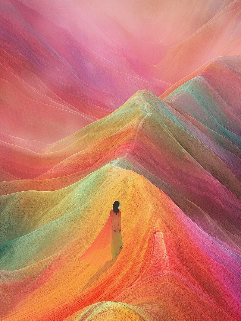 minimalism illustration, by Anna and Elena Balbusso, by WANGHUI, by nick veasey, extremely close-up shot to landscape of Zhangye Danxia landform with rich fluorescent colors, a Chinese Hanfu girl, lovesickness, mist, light penetrates the air, peaceful atmosphere, curve diffusing, curve linked smoothly, Ripples of color diffusing, rich color diffusing, marker coloring, printmaking style, layered curves, rich color, long shot, ultra detailed, UHD,16K, Fuji color superia X-TRA 400 --ar 3:4 --v 6.0 --style raw