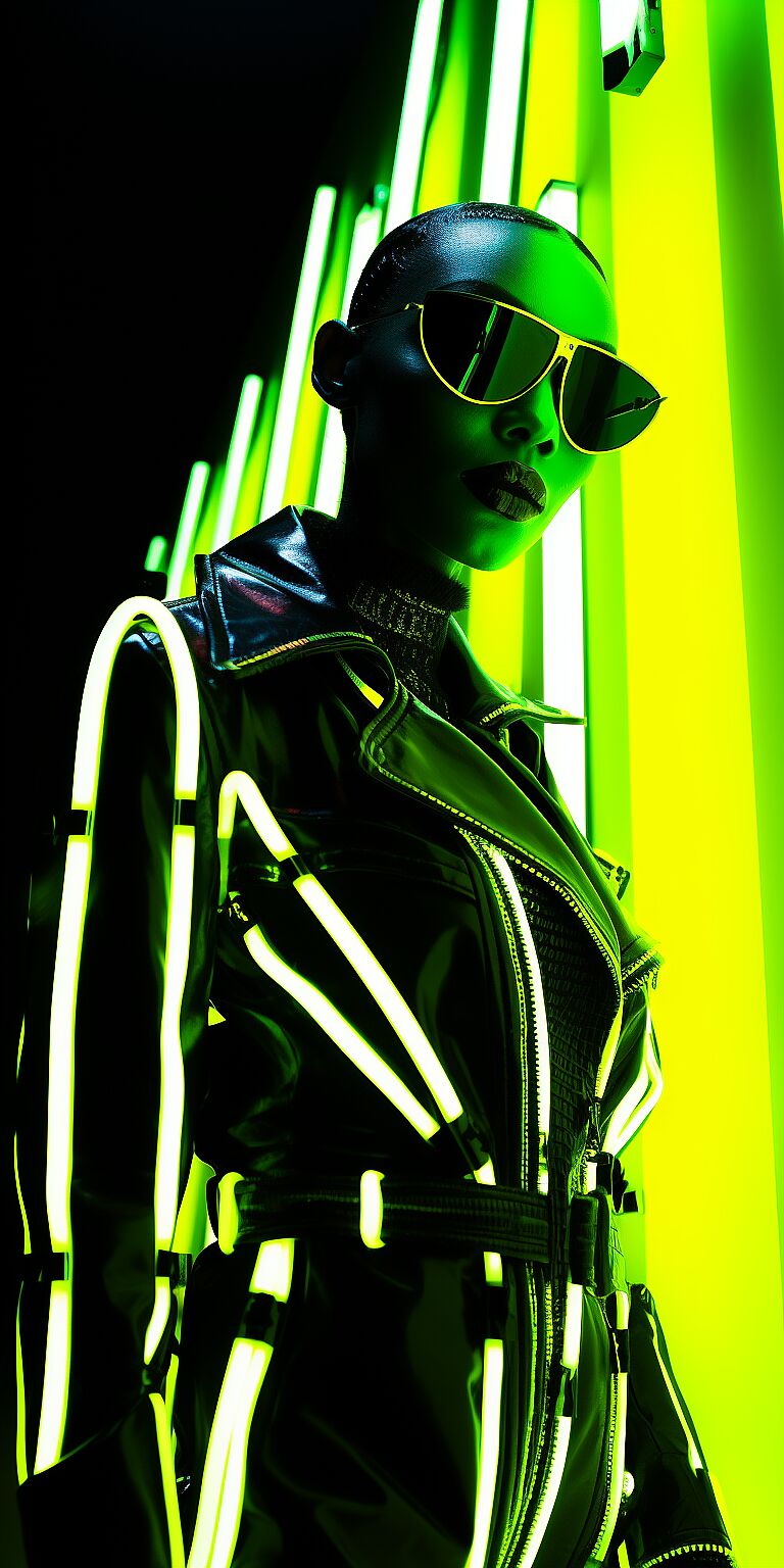 Monster energy inspired fashion photo shoot with sleek black catsuit and toxic waste neon green, illuminated, darkcore, ethereal lighting, mysterious and shiny, slick and wet fashion aesthetic, dynamic composition and dramatic lighting, hyperrealistic, mesmerizing and fascinating --ar 9:18 --c 12 --s 900 --style 2LksDejslj135ek97CuTHeO4r