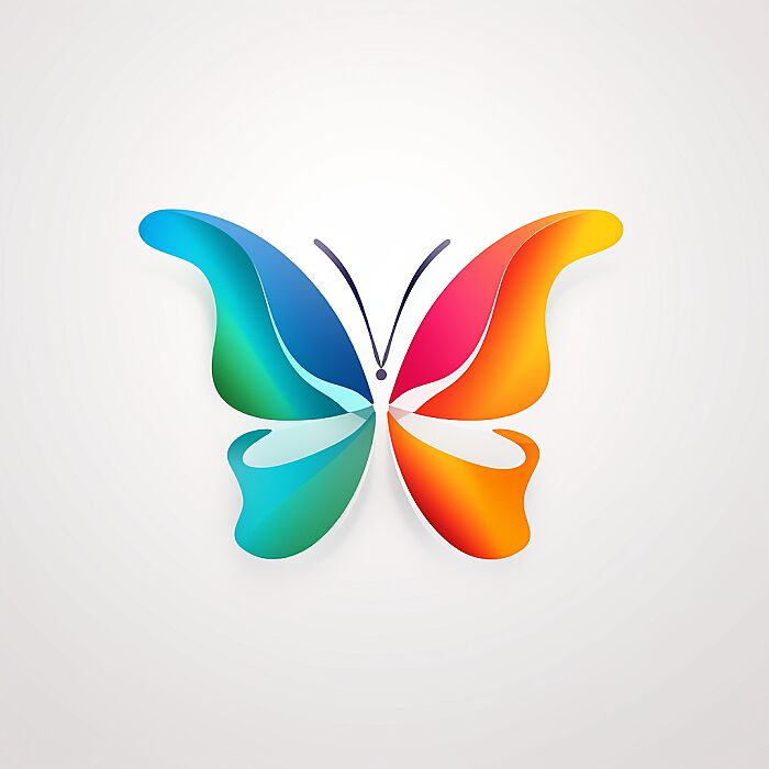 Create an 3D minimalist logo of a central [butterfly] in a vibrant, stylized, and colorful design. The subject should be detailed and the central focus, with the rest of the image fading into a clean, white background. The style should be whimsical and modern, with a touch of playfulness and a flat design aesthetic. --v 5.2 --s 50 --style raw