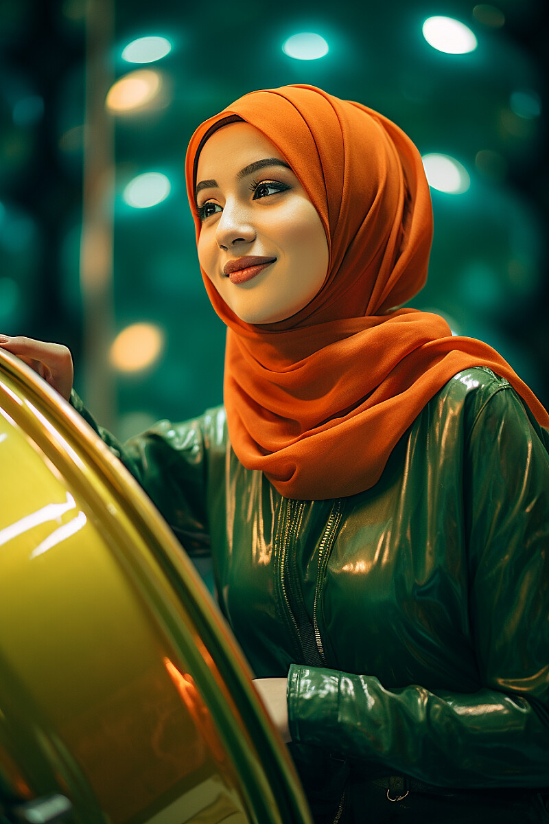 girl with hijab leans against a green drum, medium shot, vibrant colors, in the style of ultrafine detail, bokeh, high quality photo, 35 mm f/5.6 --ar 2:3 --v 5.2 --style raw