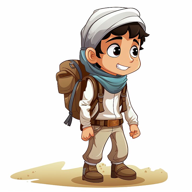 https://s.mj.run/Di-hiKy6WKA arabic boy dressed as explorer, thinking, in his thoughts, islam, cartoon style, white background, vectorial