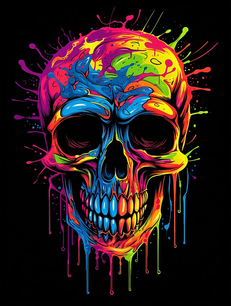 An artistic and painterly graphic representation of a skull, with vibrant brushstrokes and textured details graphic t-shirt design featuring an artistic and painterly graphic representation of a skull, with vibrant brushstrokes, textured details, and an expressive style, capturing the essence of artistic cool. Black background. --ar 3:4 --v 5.2