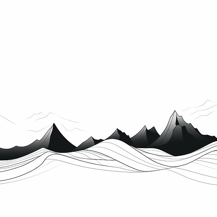 Continuous Line vectorial drawing of mountains ,minimalist line art, undulating lines, white background, black line --v 5.2