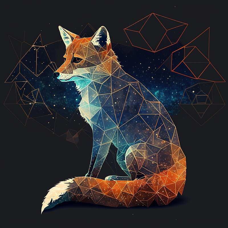 draw a sitting fox in the style of a space constellation : sitting fox : geometric