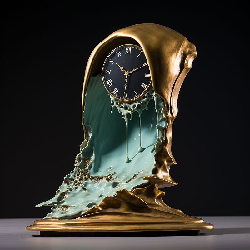 A surrealist bronze sculpture by Salvador Dalí of a melting watch draped over a surfboard.