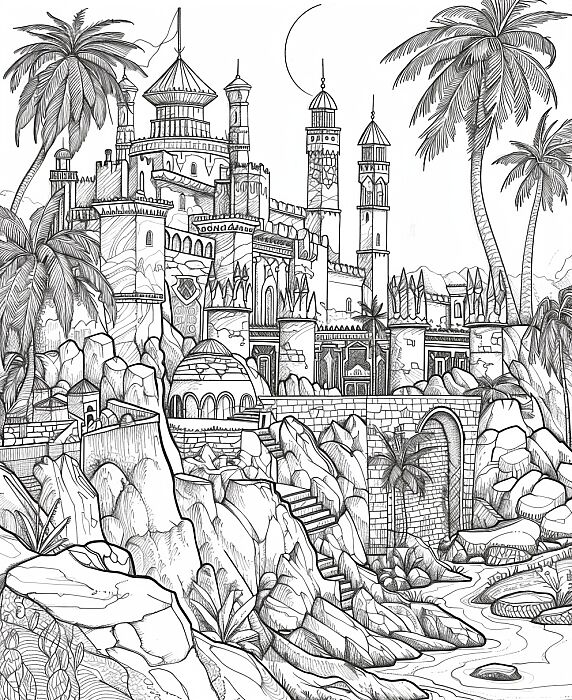 coloring pages, lisa frank, fantasy castle, psychedelic landscape, no shading, fine line art, bold outlines --ar 9:11 --v 6.0