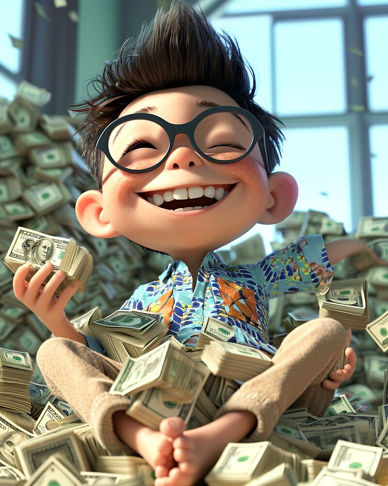 a young, cool Pixar character, smiling, sitting on a pile of money, and dressed in a stylish yet casual outfit with sunglasses on and holding a stack of money in his hand. --ar 80:100 --v 6.0 --style raw