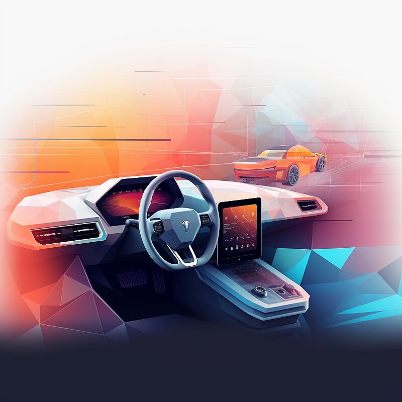 an automotive press article minimalistic illustration showing car dashboard with minimalistic ui interface design, white backgroud, low poly, gradient flat surfaces, comic illustration style --q 2