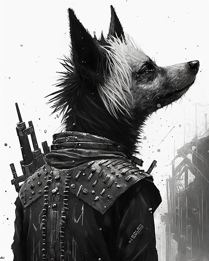 a tough dog from the school of hard knocks with a black leather dog sweater full of spikes and studs, very grainy rough black and white, in grungy Tokyo artwork by Tsutomu Nihei  --ar 4:5