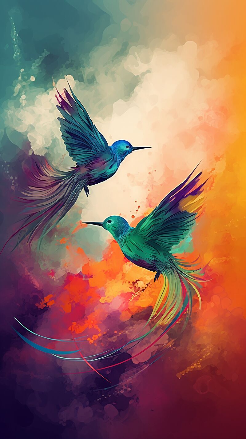 Design a digital artwork showing two birds flying freely in the sky, symbolizing the true nature of love and freedom. The sky\'s vibrant colors emphasize the beauty of their harmonious dance. --aspect 9:16  --q 2 --v 5