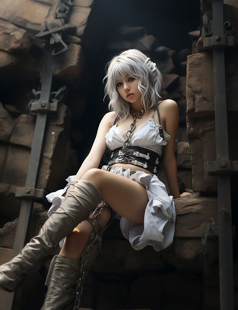 An American girl is sitting on a block of stone, silver hair,Visual Kei aesthetics,girl, portrait photography, high-angle ，octane 3D rendering style cinquecento, sandalpunk costume --ar 151:196 --s 250