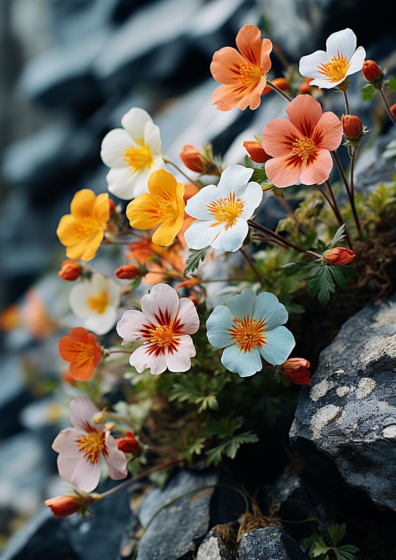 flowers growing on a rock wall in a colorful composition, in the style of zeiss batis 18mm f/2.8, shotaro ishinomori, cheerful colors, cross processing, pentax k1000, minimalistic japanese, 32k uhd --ar 91:128 --s 750 --v 5.2