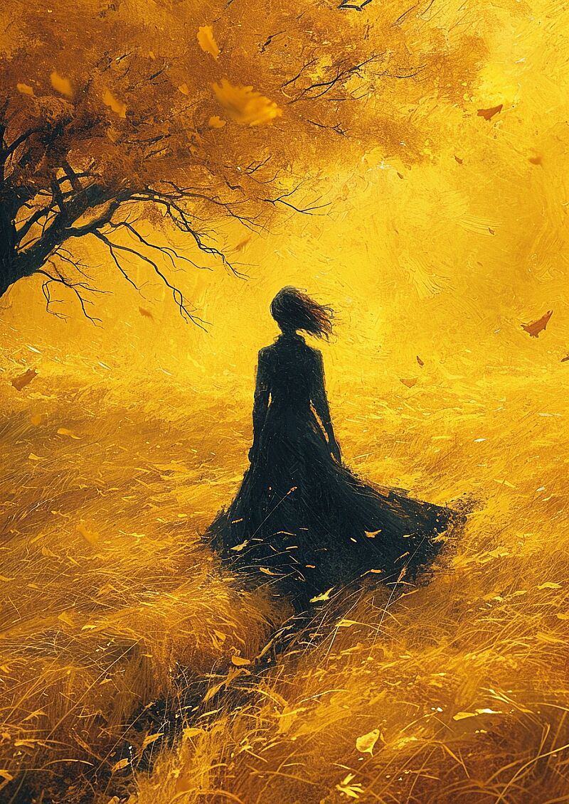 a girl walking through a field, in the style of ethereal trees, dark yellow and azure, majestic, sweeping seascapes, photorealistic representation, graceful balance, wimmelbilder, orange --ar 72:101 --stylize 750 --v 6.0 --style raw