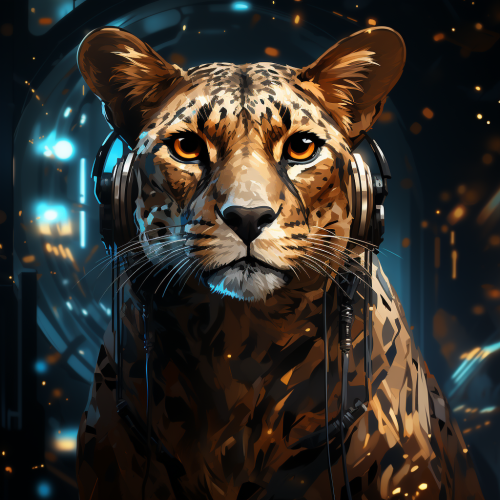 An artistic depiction of a curious cheetah reflecting the mysteries of quantum physics, combining complex geometric shapes and chiaroscuro lighting, highlighted by vibrant neon lights in gold contrasting with deep shadows in brown. --style raw --s 750