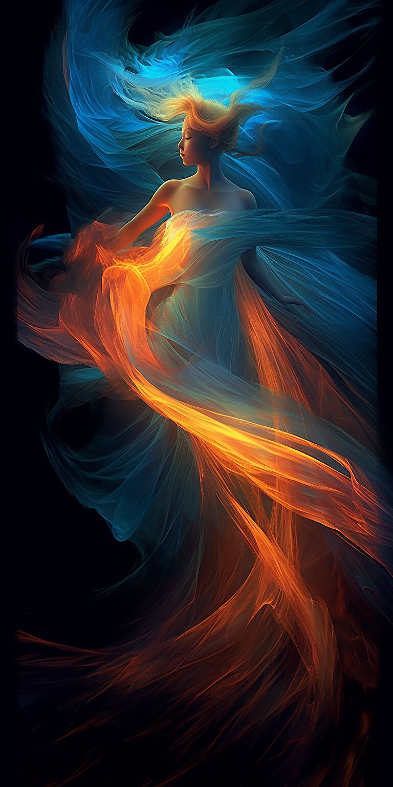 beauty in motion with glowing particles of light and ethereal, gossamer fabric twisting with blowing long hair whipped in energy with fiery embers and heat castoff, galaxy of glowing light, colorful, high energy, dynamic composition and dramatic lighting, waves of colorful energy, stunningly beautiful, cobalt blue, turquoise, green, orange --ar 9:18 --c 100 --s 978  --v 5.1  --s 750