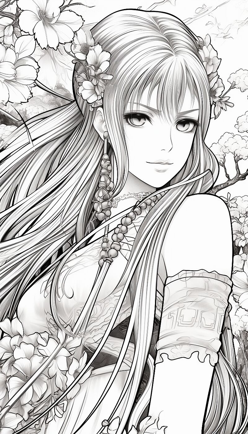 MANGA GIRL with very long hair, like masamune shirow, coloring page --ar 4:7