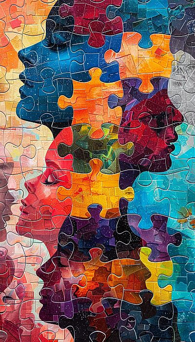 Individuality - A colorful mosaic featuring different puzzle pieces coming together, depicting the beauty of individual uniqueness and diversity. --ar 4:7 --v 6.0