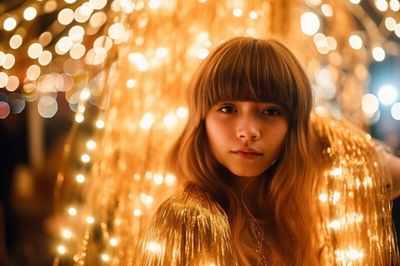 a girl with gold tinsel in her hair poses to take the photo, in the style of 21st century, pantonepunk, childlike, golden light, party kei --ar 3:2 --v 5.1 --style raw