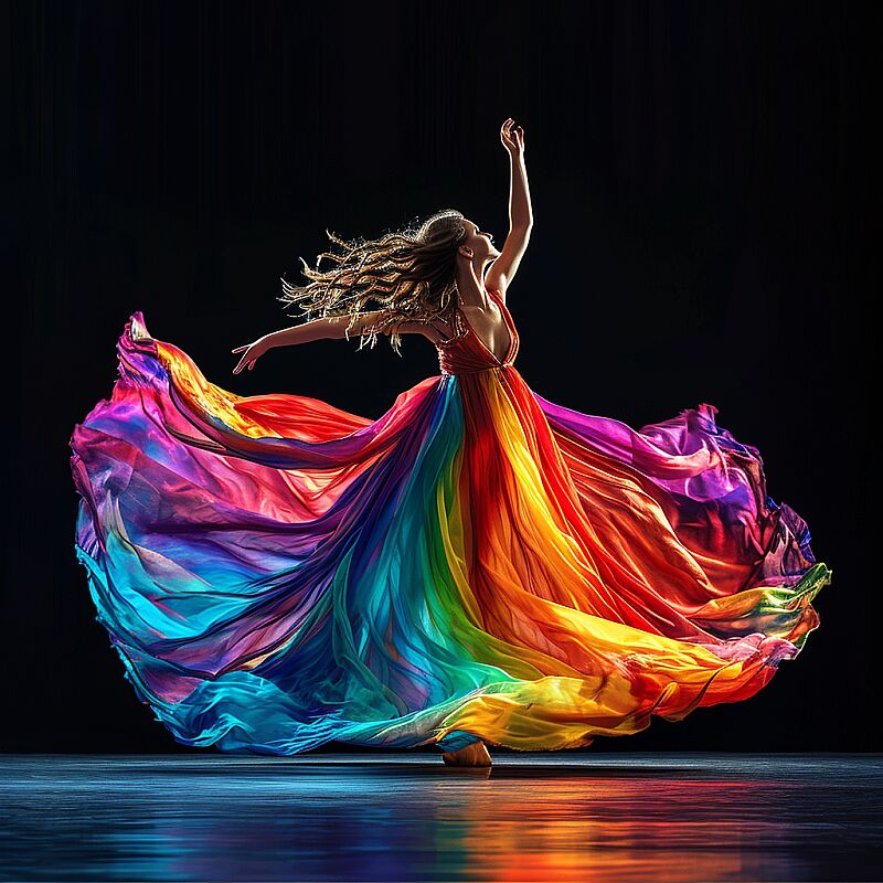 an image of a dancer in a dynamic and fluid pose, her body exuding grace and energy. She is dressed in a vibrant, flowing gown that cascades around her in a spectrum of colors, from deep reds to bright yellows, transitioning through the full range of the rainbow. The dress should appear to be in motion, almost liquid-like, with the fabric swirling and billowing out as if she were dancing amidst a colorful mist. Her hair should be light and airy, flowing back as she moves. The background should be stark black to make the rainbow colors of her gown pop with vivid contrast, emphasizing the movement and the emotional expression of the dance. The overall image should convey the beauty of motion and the artistry of dance, creating a visual experience that is both striking and enchanting. --v 6.0 --style raw