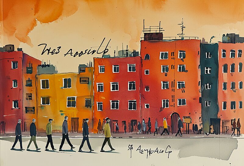 watercolor painting of people walking near buildings, in the style of wes anderson, yasuo kuniyoshi, gerd arntz, colorful animation stills, absinthe culture, lush and detailed, lively illustrations --ar 128:87 --v 6.0 --style raw