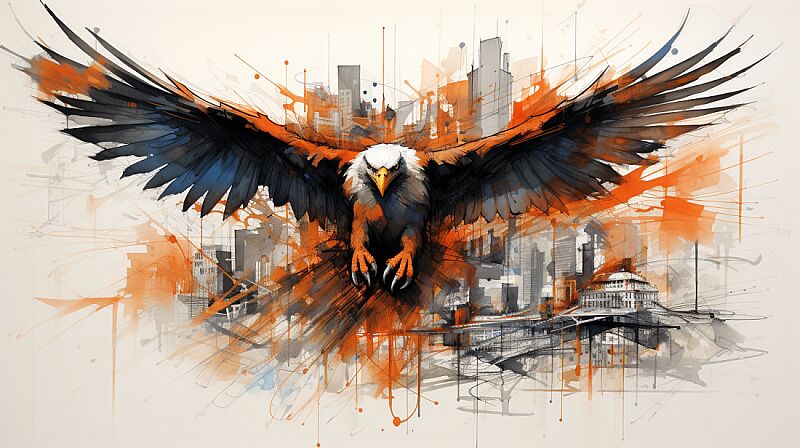 ink sketch, eagle in a warped cityscape folding onto itself, capturing the surreal essence of Inception, featuring indigo and orange --ar 16:9 --style raw --v 5.2