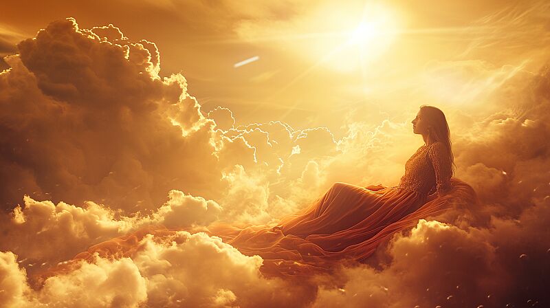 A stunning woman reclines on a celestial cloud, surrounded by an otherworldly vista that defies imagination. The sun's rays caress her figure, casting an ethereal glow, creating a scene straight out of fantasy and wonder. desktop background style::2 --ar 16:9 --v 6.0 --style raw