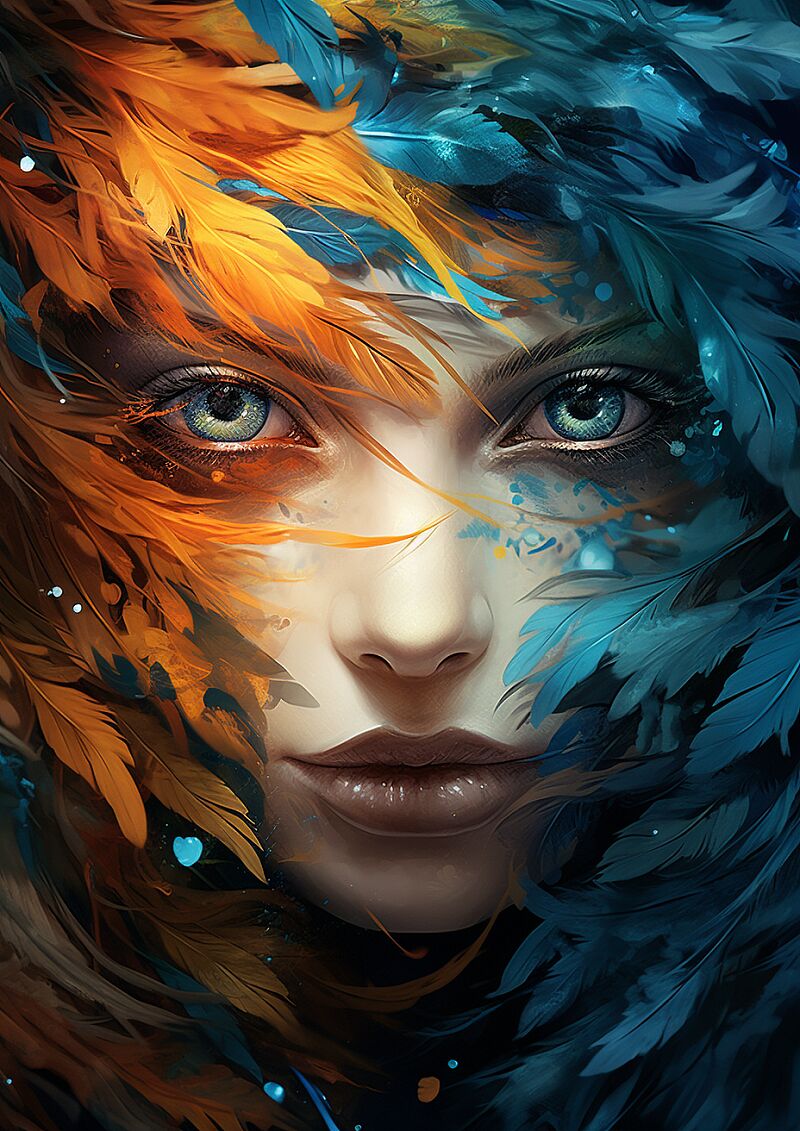 a woman with blue eyes is shown through a paintbrush, in the style of dark aquamarine and azure, colorful fauna, dark orange and light blue, i can't believe how beautiful this is, dark cyan and light bronze, angelcore, made of feathers --ar 5:7 --v 5.2 --style raw