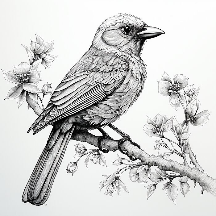 Create a low detailed monochrome illustration of bird, featuring a detailed line-drawing style with realistic elements. The subject should be prominent in the composition with a background that complements its form. Use clean lines and cross-hatching to add texture and depth, capturing the essence of the subject in a striking and recognizable manner. --v 5.2 --style raw --s 150