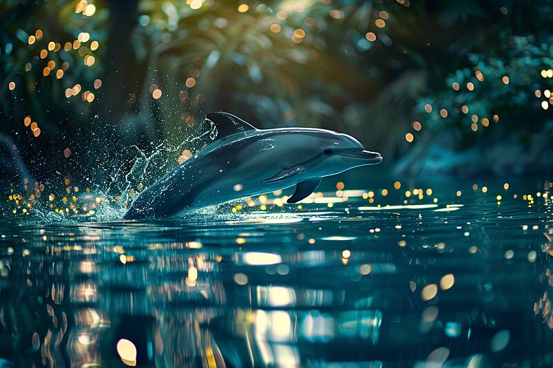 Dolphin leaping amid 'Luminescent Land’s' twilight, under a turquoise warm aura from fireflies’ gentle dance --ar 3:2 --style raw --v 6.0