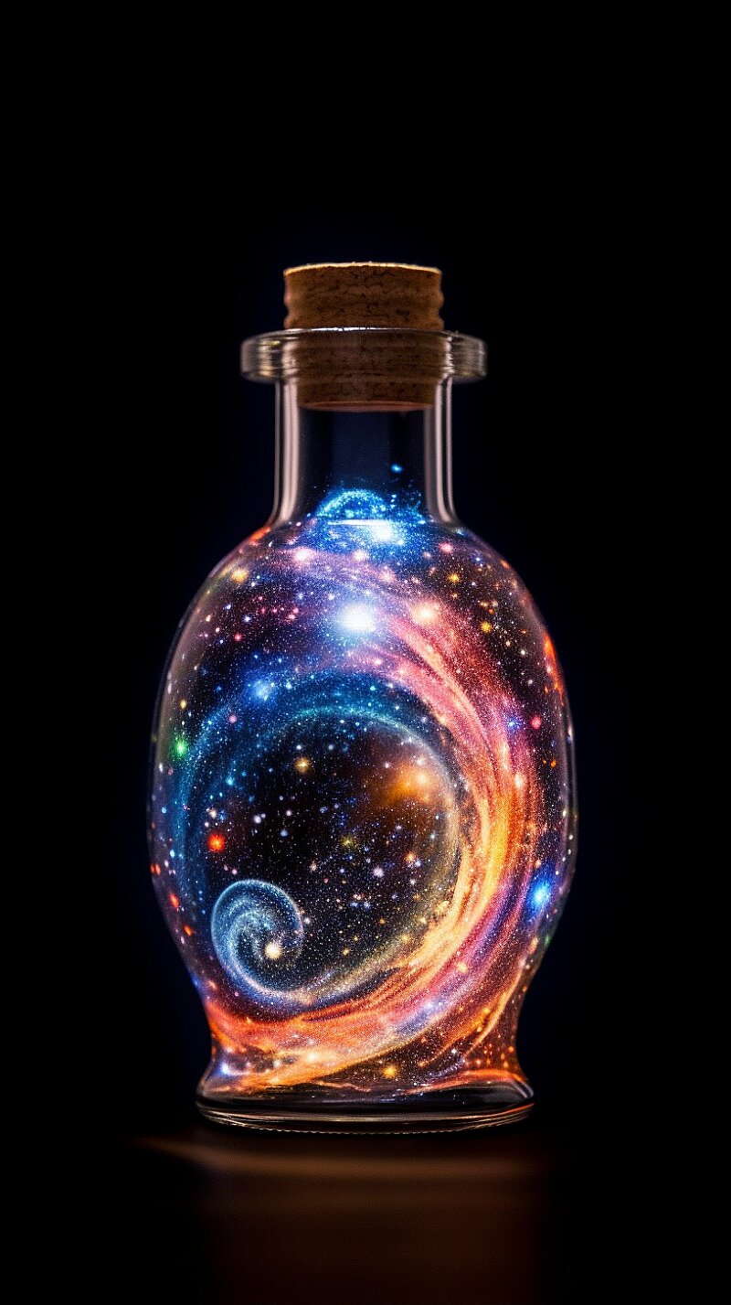 [the galaxy]   in a bottle, black background --ar 9:16  --q 2