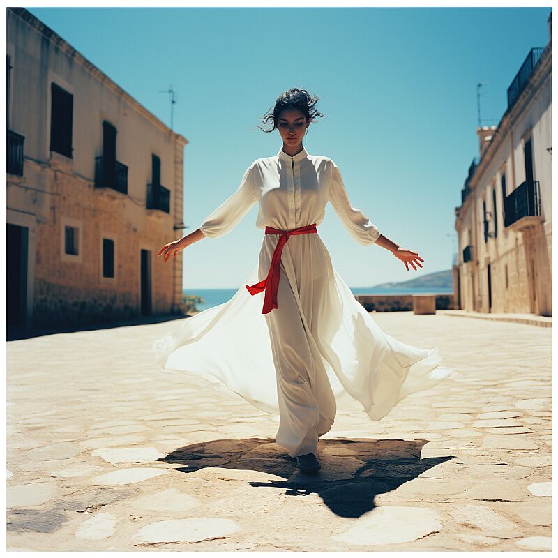 fx low shutter glitch, folkloric dance menorca manners, square, minimalism background, woman, daylight, smooth light, summertime, use nikon f1, 35mm film picture, 50mm lens, 2.8f, portra 400, film grain --s 750 --style raw