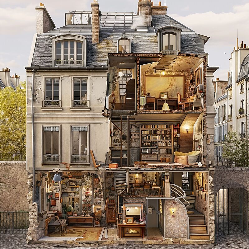 cutaway Paris house by beau daniels --v 6.0 --style raw