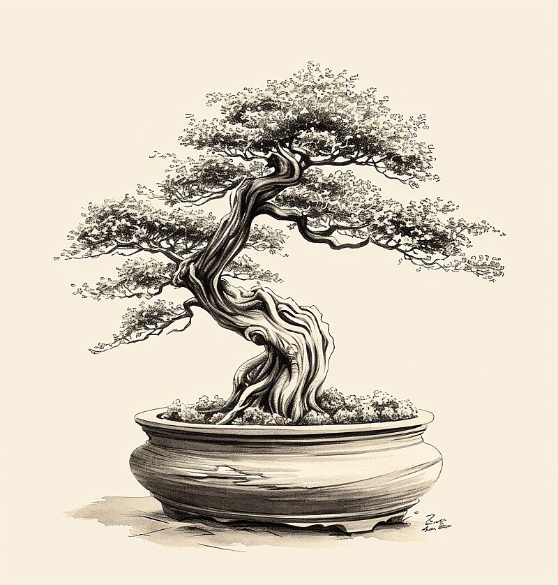 black and white drawing of a tree in the form of a bonsai, in the style of light brown and silver, traditional vietnamese, minoan art, high resolution, carving, detailed character illustrations, stephen shortridge --ar 123:128 --v 6.0 --style raw