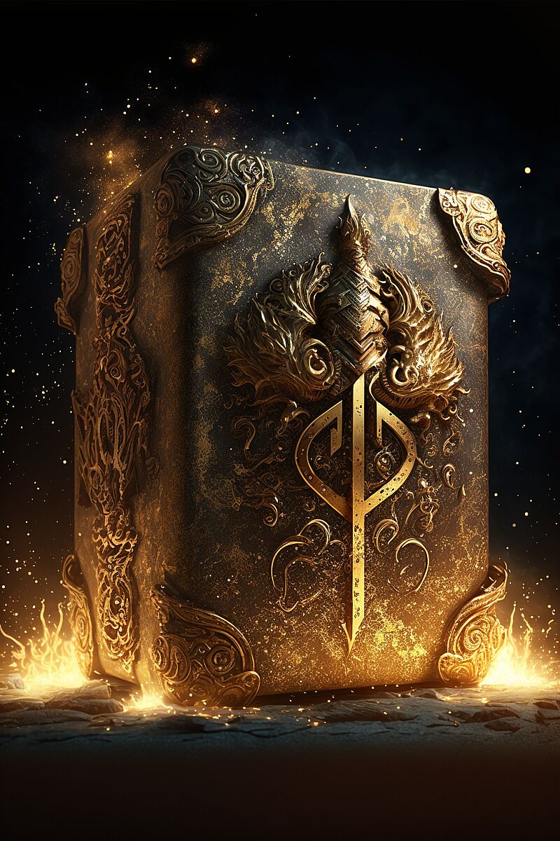 a tall golden metallic box with hyper intricate filigree details and a front view of a Scorpio zodiac sign, in a dark greek temple ruin, golden light particles, golden box, photo-realistic reflection, golden metallic glowing, dramatic shining, mysterious, dramatic light, saint Seiya Scorpio armor box design, cinematic --v 4 --ar 2:3