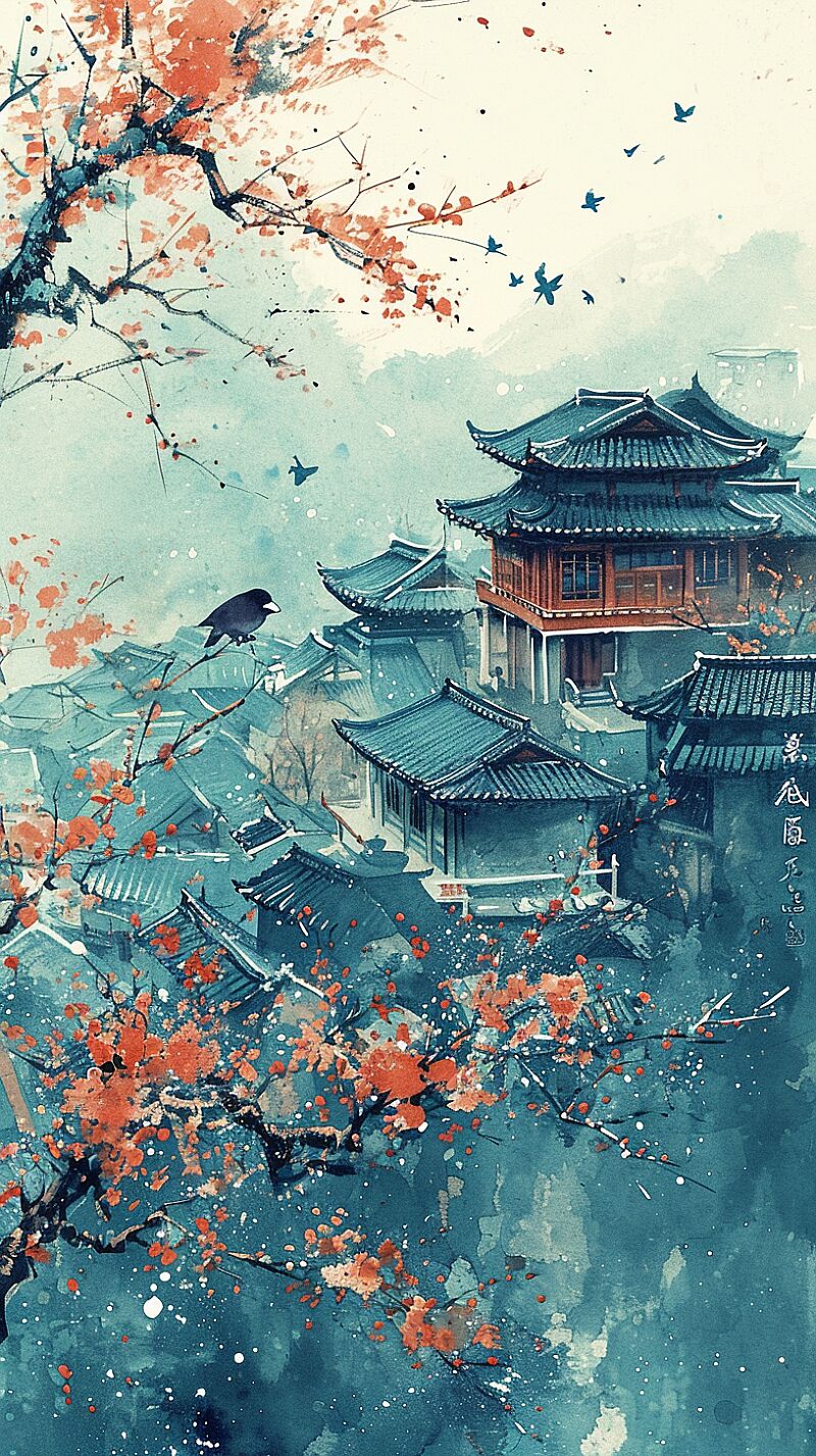 an illustration of a bird on the branch over the building, in the style of traditional chinese painting, quiet moments captured in paint, ferrania p30, aerial view, illustrative, high resolution, dansaekhwa --ar 9:16 --v 6.0 --style raw --s 250