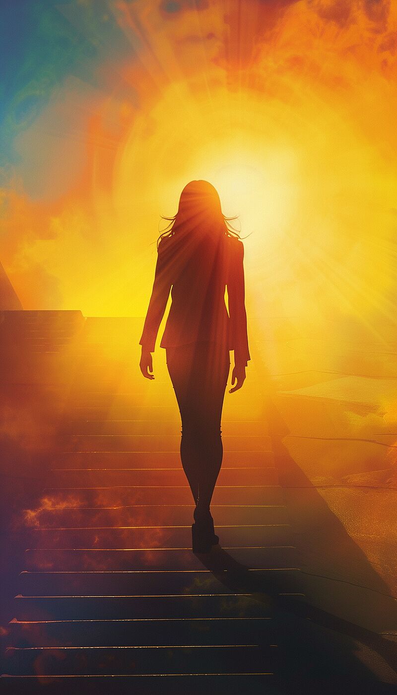 illustrate a colourful abstract background business, success, achievement and people concept - silhouette of woman standing on stairs over sun light background --ar 4:7 --v 6.0